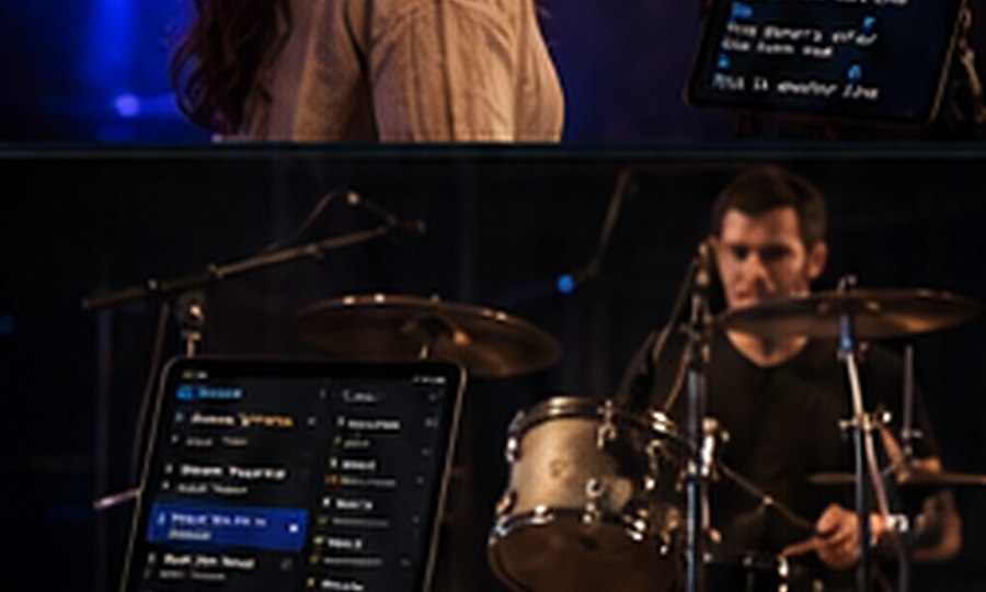 Drummer using a tablet-based setlist during a live performance