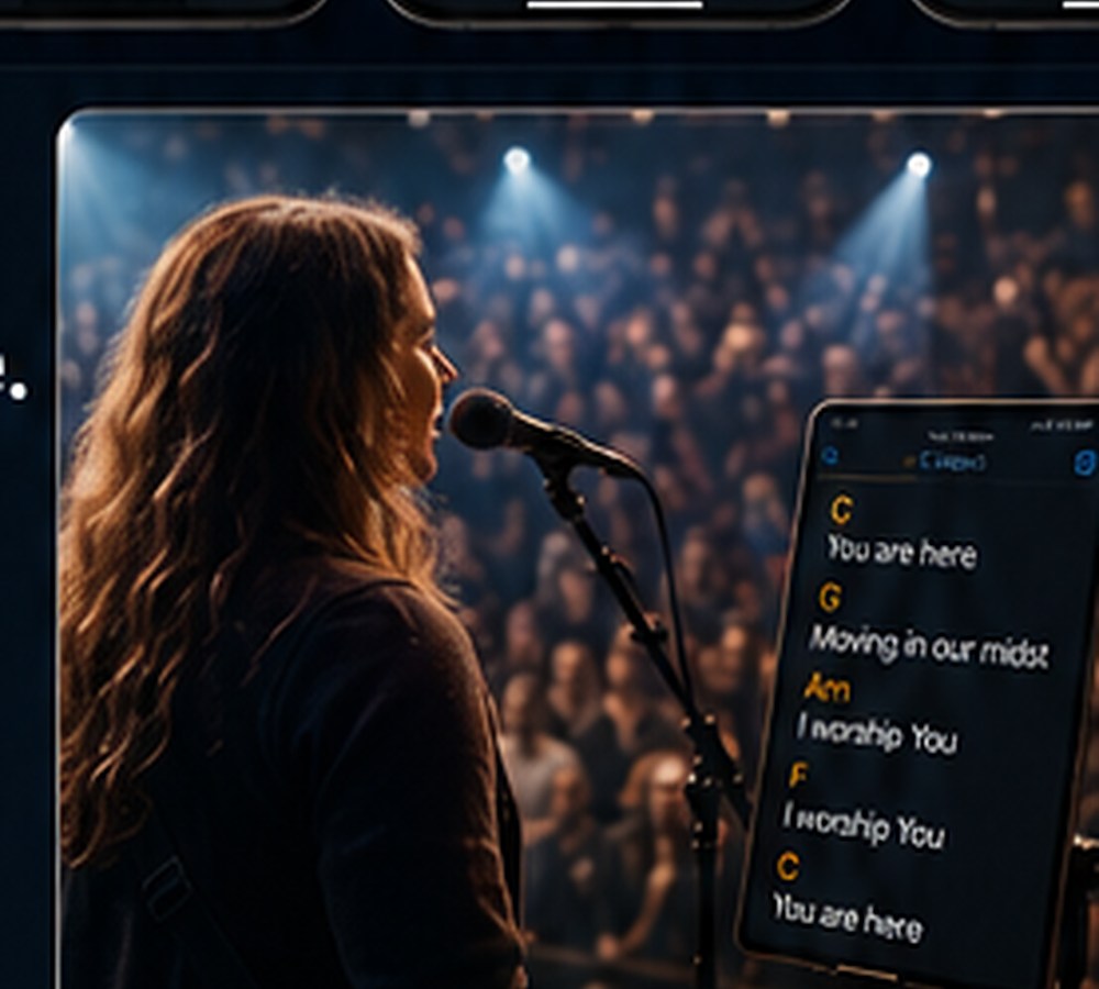 Vocalist performing beside a tablet showing chord and lyric cues