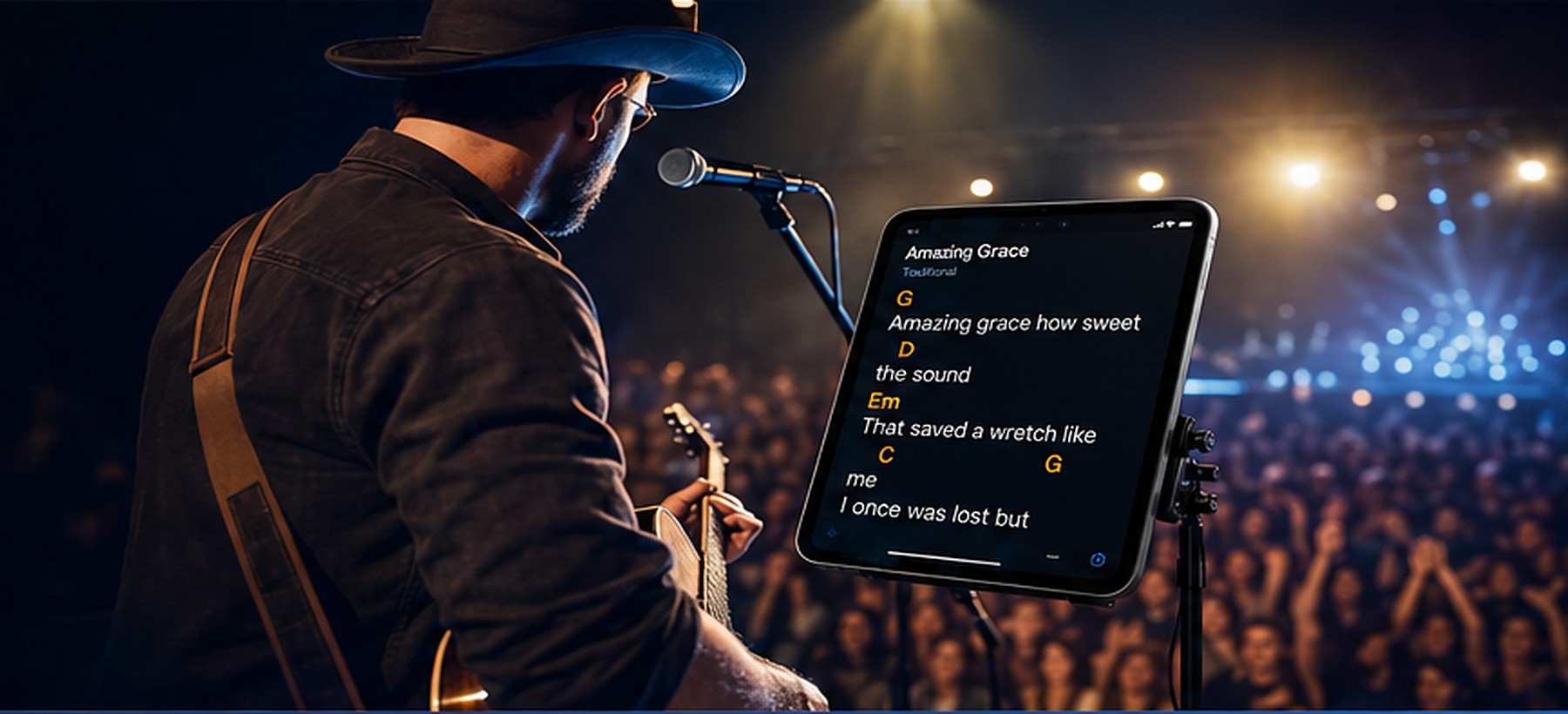 Guitarist performing with a tablet chord and lyric display