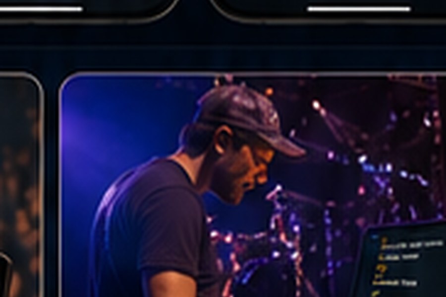 Keyboard performer using a tablet songbook during a live show