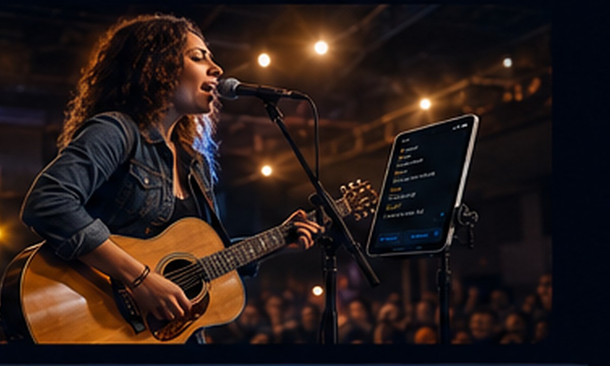 Acoustic singer using a tablet teleprompter