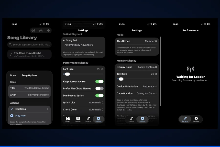 Library, display settings, and Band Member mode
