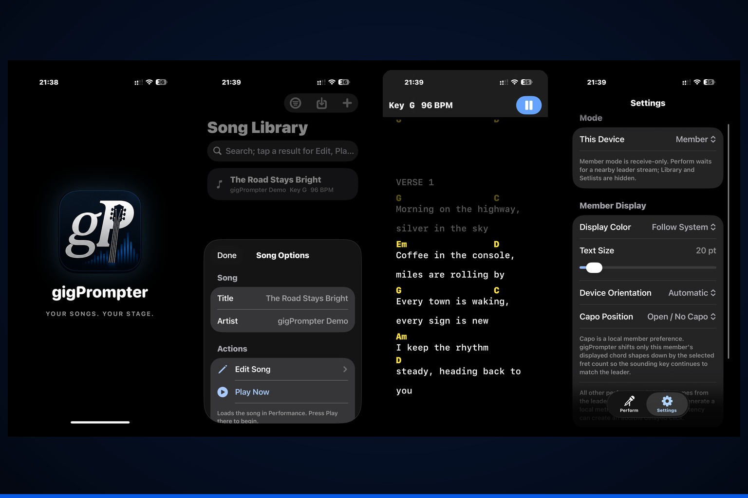 gigPrompter digital songbook library, setlist, editor, and performance views
