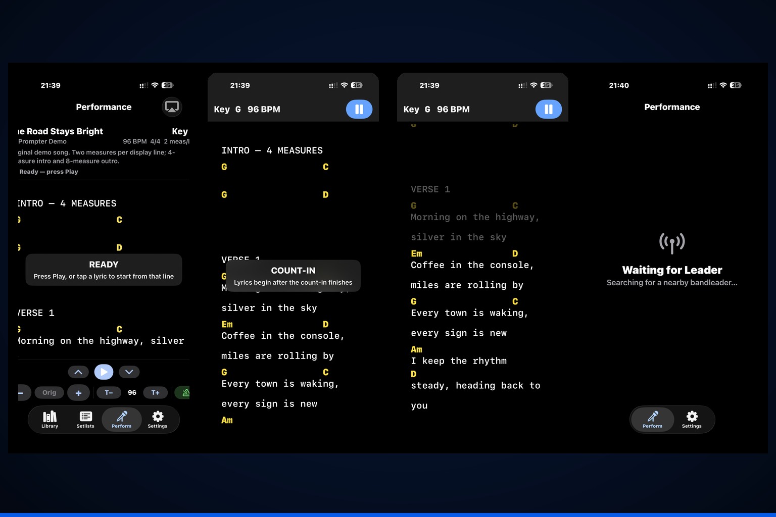 gigPrompter v1.0 performance views on iPhone